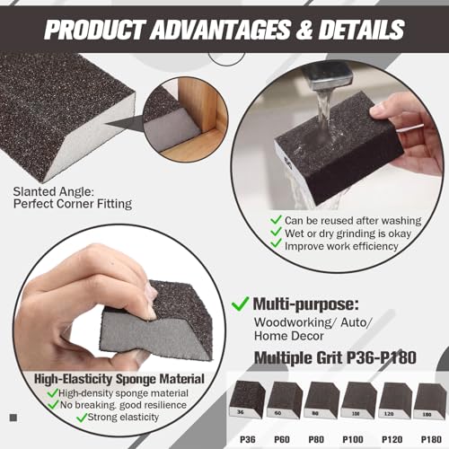 36 Pack Single Angle Sanding Sponge Blocks, 6 Grits 60-600