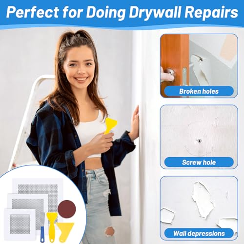 12 PCS 4/6/8 Inch Wall Repair Patch Kit, Aluminum Mesh Dry Wall Hole Repair Patch with Scraper Sandpapers Gloves Heavy Duty Wall Repair for Large Holes Quick Fixes - color: 12 PCS 4/6/8inch Wall Repair Patch Kit