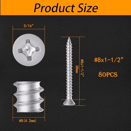 304 Stainless Steel #8 x 1-1/2" Flat Head Self Tapping Wood Screws 80PCS - size: #8 x 1-1/2"（80PCS）
