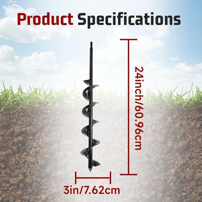 findmall Auger Drill Bit, Earth Auger Bit, 24 Inch Length 3 Inch Width Repid Planter, Yard Gardening Planting Corm Auger, Post or Umbrella Hole Digger for 3/8 Inch Hex Drive Drill + - size: 24 x 3 in