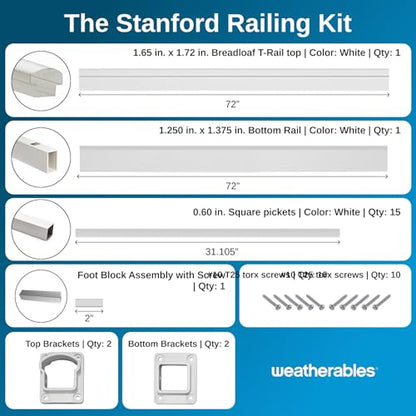Weatherables 36 in. H x 6 ft. W Stanford Deck Railing Kit – Aluminum Porch & Balcony Railing Kit with White Powder-Coated Finish, Adjustable Outdoor Hand Rail System - size: 36 in. Height, style: 6 ft. Straight