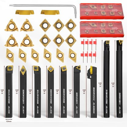 Indexable Lathe Turning Tool 27Pcs Kit 1/2'' 12mm Shank, 9Pcs Metal Lathe Tools Holder Set with 18Pcs Inserts, for Turning Grooving Threading Boring, lathe tooling with reverse tool design - style: 9pcs 1/2'' 12mm Shanks+18pcs Inserts