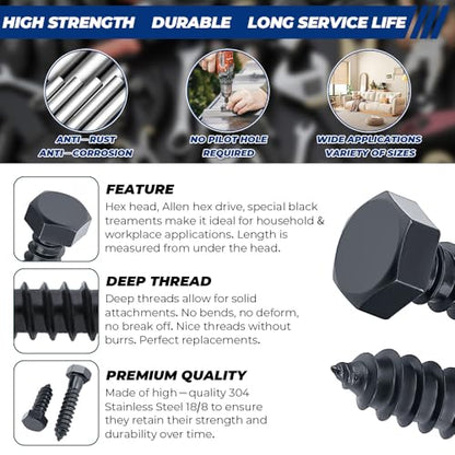 1/2 x 3-1/2" Black Hex Head Lag Screws Bolts (8 pcs), 304 Stainless Steel 18/8, Black Oxide Coated, Partial Thread, Deck Screws, Heavy Duty Hex Head Wood Lag Screws, Fayeploo - size: 1/2 x 3-1/2"