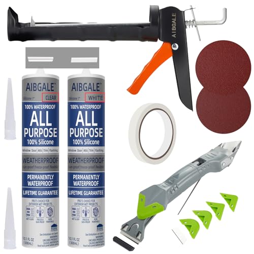 Caulking Tool Kit, Caulking Gun, 2 White/Clear Silicone Sealant with Gun - All-Purpose 100% Silicone Caulk (20 oz Tube), and 5 in 1 Scraper/Smoothing Tool, Sandpaper, Gloves and Masking Tape - color: 2 Clear+white Sealant