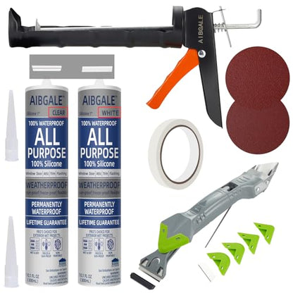 Caulking Tool Kit, Caulking Gun, 2 White/Clear Silicone Sealant with Gun - All-Purpose 100% Silicone Caulk (20 oz Tube), and 5 in 1 Scraper/Smoothing Tool, Sandpaper, Gloves and Masking Tape - color: 2 Clear+white Sealant