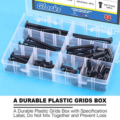 Glarks 85Pcs M6x20/ 30/40/ 50/60/ 70/ 80mm Black Hex Drive Socket Cap Bolts Kit, Allen Head Countsunk Furniture Crib Bolts Nuts Screws for Chair Table Cabinets - size: M6x20/30/40/50/60/70/80mm