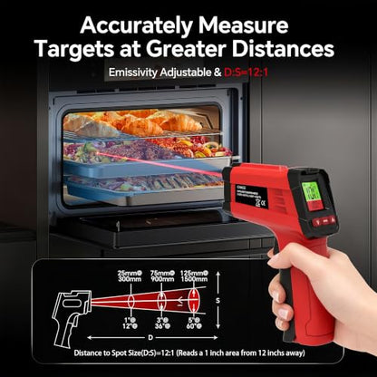Infrared Thermometer Gun, Digital Laser Temperature Gun -58°F to 1022°F, Adjustable Emissivity, LCD Backlight, MAX/MIN Display, Non-Contact Thermometer for Pizza Oven, BBQ, HVAC, Griddle - color: Red