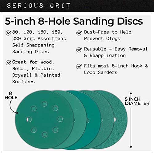 Serious Grit - 5-Inch 8-Hole Sanding Discs - P80-220 Assortment - 10 Pack - size: 5-Inch 8-Hole