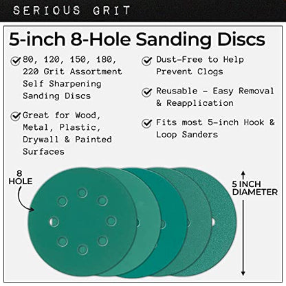 Serious Grit - 5-Inch 8-Hole Sanding Discs - P80-220 Assortment - 10 Pack - size: 5-Inch 8-Hole