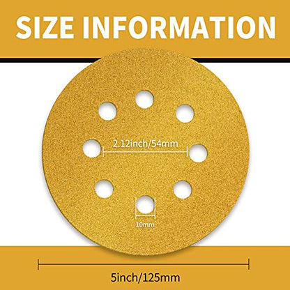 100 Pcs 5 Inch Sanding Discs Hook and Loop, 40 Grit Sandpaper for Woodworking or Automotive, 8 Hole Gold Premium Dustless Random Orbit Sandpaper - style: 40 Grit-100 Discs