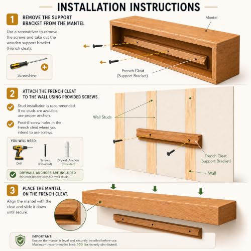 Fireplace Mantel, Rustic, Shelf, Floating Mantle, Real Wood, Beam, URBANDI (Brown, 72Lx6Hx8D) - color: Brown, size: 72Lx6Hx8D