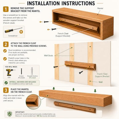 Fireplace Mantel, Rustic, Shelf, Floating Mantle, Real Wood, Beam, URBANDI (Brown, 72Lx6Hx8D) - color: Brown, size: 72Lx6Hx8D