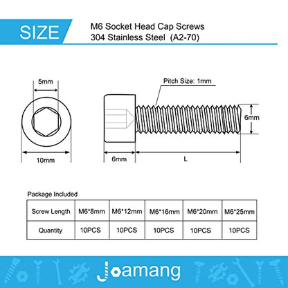 M6 x 8mm 12mm 16mm 20mm 25mm Socket Head Cap Screws Bolts, Stainless Steel 304, Metric Allen Hex Drive, Bright Finish, Fully Threaded, Assortment Kit 50PCS - size: Socket M6x8-25 mm