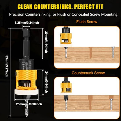 8PCS Countersink Drill Bit Set with Low Friction Depth Stop, Replaceable HSS Pilot Drill, Multi-Size Bits, 1/4" Hex Shank, Precision Woodworking Tool for Wood