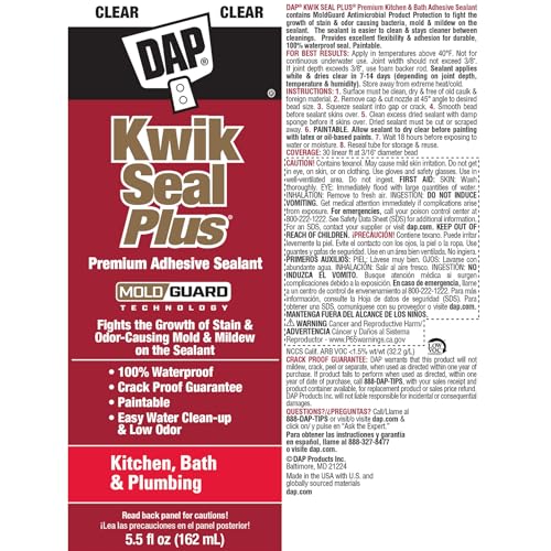 DAP Kwik Seal Plus Kitchen & Bath Adhesive Sealant, Clear, 5.5 Oz (7079818546)