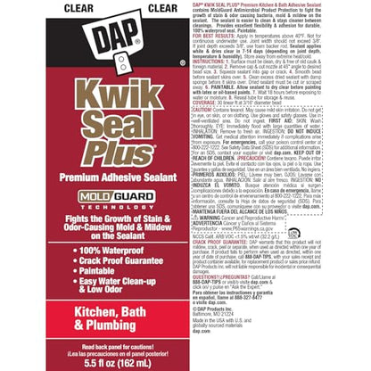 DAP Kwik Seal Plus Kitchen & Bath Adhesive Sealant, Clear, 5.5 Oz (7079818546)