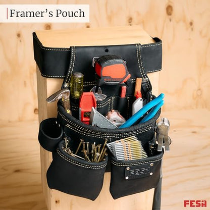 FESA 3 Inch Leather Tool Belt for Men with Hammer Holder Adjustable 34"-44" - color: Black