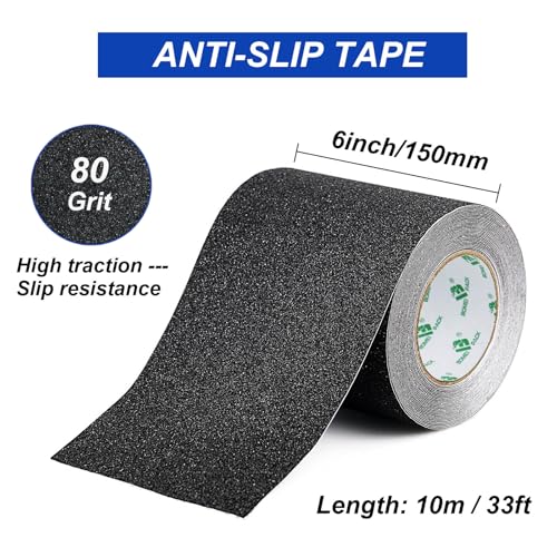 BOMEI PACK Black Anti Slip Tape, 6 Inch x 33 Foot Non-Slip Traction Grip Tape for Stairs, Waterproof Stair Treads Grip Non Slip, Non Skid Tape for Steps, Outdoor Black Grip Tape - size: 150mm
