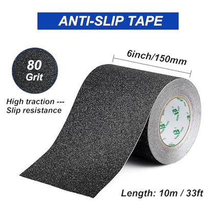 BOMEI PACK Black Anti Slip Tape, 6 Inch x 33 Foot Non-Slip Traction Grip Tape for Stairs, Waterproof Stair Treads Grip Non Slip, Non Skid Tape for Steps, Outdoor Black Grip Tape - size: 150mm