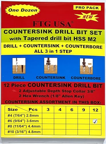 FTG USA 12 Pc #6 (9/64") Adjustable Wood Countersink Drill Bit Set Case - style: 12 Pc Same Size