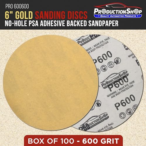 ProductionShop Premium 600 Grit 6" PSA Gold Sanding Discs, Box of 100 - Self Adhesive Stickyback Abrasive Sandpaper for DA & Random Orbital Sanders - Sand Auto Paint Metal, Wood Woodworking Furniture - style: 600 Grit