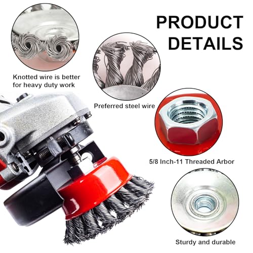 6 Pack Wire Wheel Brush for 4-1/2" Angle Grinder, 5/8" Threaded Arbor, 0.02" Carbon Steel Twisted Wire Brush for Rust Removal, Weld Cleaning