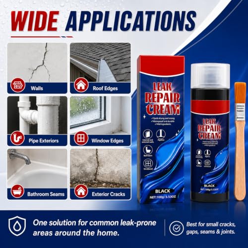 Leak Repair Cream with Brush, Black Waterproof Sealant for Cracks and Gaps