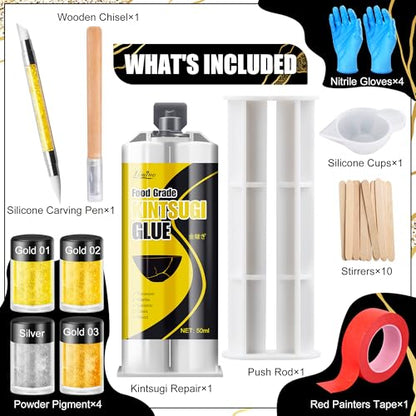 Kintsugi Repair Kit - Gold ＆ Silver Food Safe Glue for Pottery and Porcelain Repair, Ceramic Repair Resin for Bowls, Plates, Vases, Jades, Newbie Friendly, Meaningful Presents for DIY Art Enthusiasts