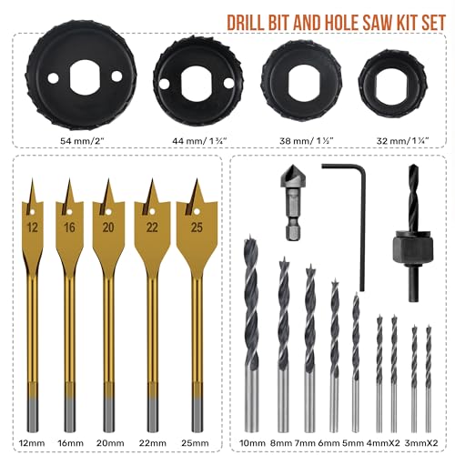 Hi-Spec Wood Hole Saw, Brad Point and Spade Drill Bit Set with Case - size: 21 Piece