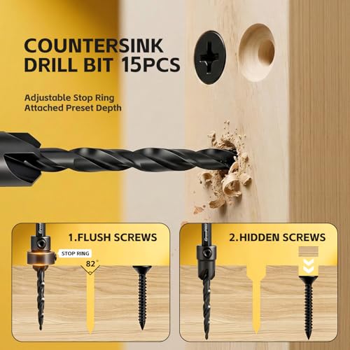 GRENPRO Countersink Drill Bit Set, 15PCS Tapered Bits with 2 Plug Cutters