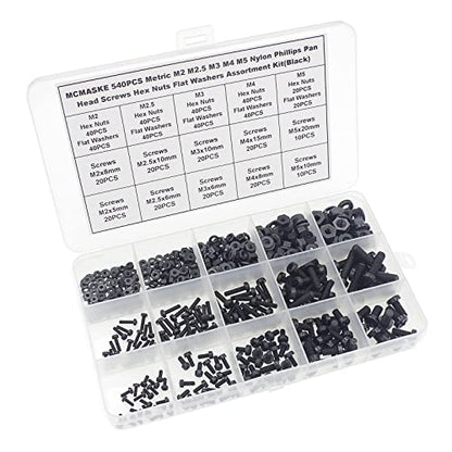 540PCS M2-M5 Black Nylon Phillips Pan Head Screws Nuts Washers Kit - size: M2, M2.5, M3, M4, M5