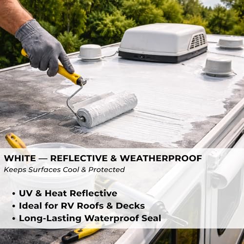 White RV Roof Coating, 1 Quart | Solar Reflective Liquid Rubber Sealant | UV & Heat Resistant | Waterproof Membrane for Camper, Trailer & Metal Roofs | Elastomeric Leak Repair Paint - color: WHITE