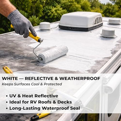 White RV Roof Coating, 1 Quart | Solar Reflective Liquid Rubber Sealant | UV & Heat Resistant | Waterproof Membrane for Camper, Trailer & Metal Roofs | Elastomeric Leak Repair Paint - color: WHITE
