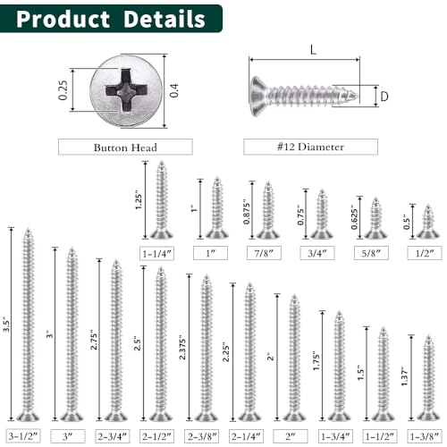 #12 x 2-3/4" Flat Head Sheet Metal Screws, 304 Stainless Steel (18-8), Phillips Drive, Self Tapping, Corrosion Resistant Screws for Wood, Sheet Metal and More, 25 Pack - size: #12 x 2-3/4"
