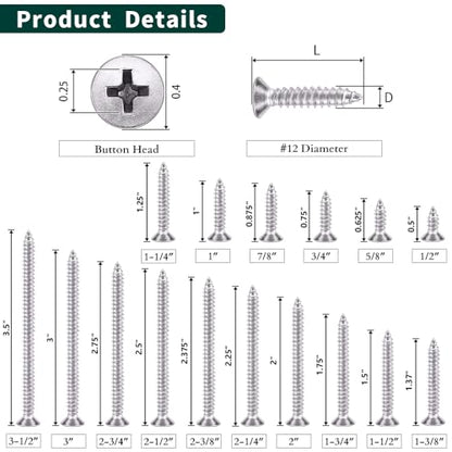 #12 x 2-3/4" Flat Head Sheet Metal Screws, 304 Stainless Steel (18-8), Phillips Drive, Self Tapping, Corrosion Resistant Screws for Wood, Sheet Metal and More, 25 Pack - size: #12 x 2-3/4"