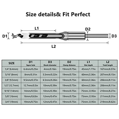 7Pcs Square Hole Drill Bits Steel Hardness Sharp Mortising Chisel 1/4-5/8"