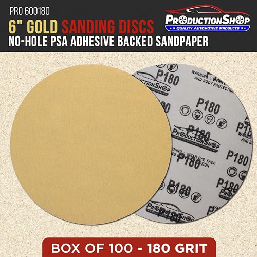 ProductionShop Premium 180 Grit 6" PSA Gold Sanding Discs, Box of 100 - Self Adhesive Stickyback Abrasive Sandpaper for DA & Random Orbital Sanders - Sand Auto Paint Metal, Wood Woodworking Furniture - style: 180 Grit