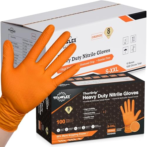 TitanFlex Heavy Duty Industrial Orange Nitrile Gloves, 8-mil, Gloves Disposable Latex Free with Raised Diamond Texture Grip, Powder Free, Rubber Glove, Mechanic Gloves,1000-ct Case (Medium) - color: 03 8mil (1000ct), size: Medium