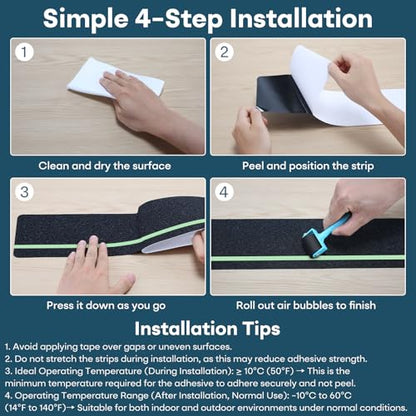 10 Pack 4" x 24" Glow in Dark Anti Slip Traction Treads with Roller - color: Black with Glow in the Dark Strips, size: 4" x 24" & 10-Pack