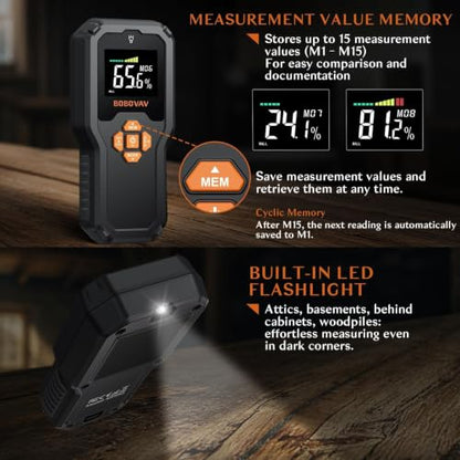 Pinless Moisture Meter with Data Memory & Custom Warning Threshold