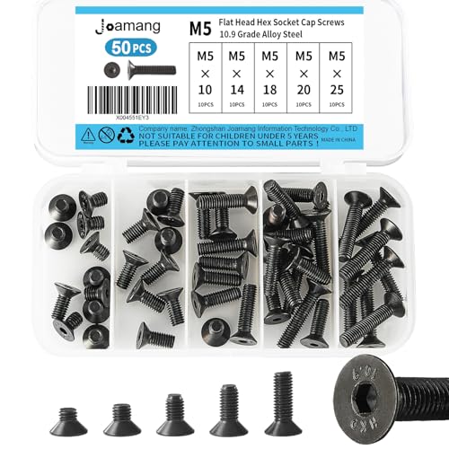 M5 x 10mm 14mm 18mm 20mm 25mm Flat Head Hex Socket Cap Screws Countersunk Bolts, 10.9 Grade Alloy Steel, Black Oxide Finish, Metric Allen Hex Drive, Fully Threaded, Assortment Kit 50Pcs - size: M5 x 10/14/18/20/25 mm