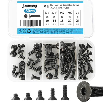 M5 x 10mm 14mm 18mm 20mm 25mm Flat Head Hex Socket Cap Screws Countersunk Bolts, 10.9 Grade Alloy Steel, Black Oxide Finish, Metric Allen Hex Drive, Fully Threaded, Assortment Kit 50Pcs - size: M5 x 10/14/18/20/25 mm