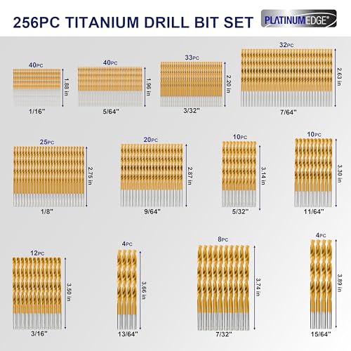 276pc Titanium Twist Drill Bit Set with S2 Bits 135° Tip High Speed Steel, Size from 1/16" up to 1/2", Ideal in Wood Cast Iron Aluminum Alloy Plastic Fiberglass, Clear Lid Case - size: SAE 276 Pieces Drill Bit Set 135°