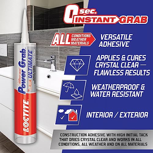 Loctite Power Grab Ultimate Crystal Clear Construction Adhesive, 9 fl oz Cartridge, 12 Pack - Versatile Construction Glue for Glass, Wood, Metal & More - size: 12 Pack