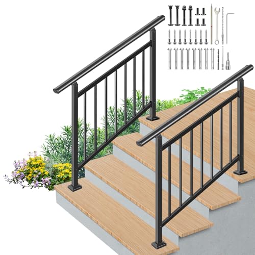 Upgrade 2 in 1 Stair Handrails, Adjustable 2 Pack 4 Step Deck Railing Kits - size: 4 Steps, style: Fence Set