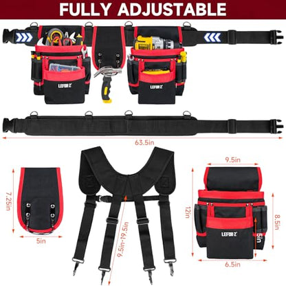 Tool Belt with Suspenders,27-Pockets Heavy Duty Tool Belts for Men with Magnetic Tool Pouch,Detachable & Adjustable Work Belt Bag for Electrician,Carpenter,Construction,Utility Toolbelt,Black,Red - color: Black/Red
