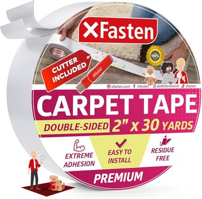 XFasten Double-Sided Carpet Tape for Area Rugs, 2 Inch x 30 Yards (90 Ft) w/Mini Cutter, Heavy Duty Grippy Residue-Free Silicone Adhesive Keeps Rugs in Place on Hardwood, Laminate and Tile Floors - size: 2-inch x 30 yards- w/Mini Cutter (90ft )