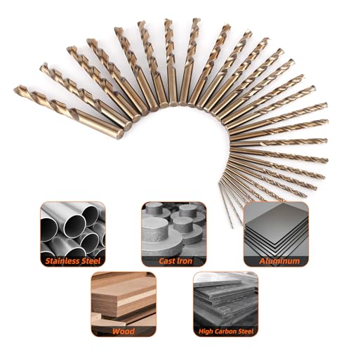 29Pcs Cobalt Drill Bit Set (1/16''-1/2''), M35 High Speed Steel, Twist Jobber Length for Hardened Metal, Stainless Steel, Cast Iron, Wood, and Plastics, with Metal Index Storage Box - size: 1/16"-1/2" (29pcs, Cobalt)