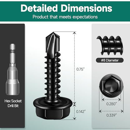 100Pcs #8 x 3/4" Sheet Metal Screws, 410 Stainless Steel Self Drilling Hex Head Black Self Tapping Screws for Metal with Drill Bit - color: Black, size: #8 x 3/4"