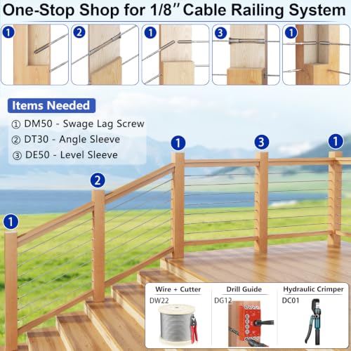 Steel DN Mate 30 Pack Left&Right Handed Thread Swage Lag Screws for Wood Post of 1/8" Deck Railing Kit, T316 Stainless Steel Cable Railing/Stair Deck Railing, DIY Baluster Hardware, Wrench Included - color: Silver